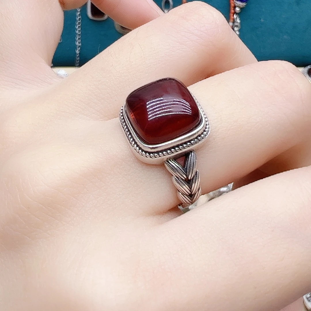 血珀戒指银S925镶嵌天然