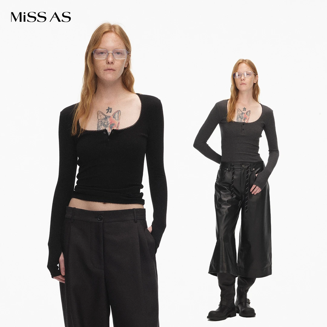 【ECHOADE】经典百搭大U领花边点缀打底衫爆款内搭长袖T恤女25秋冬