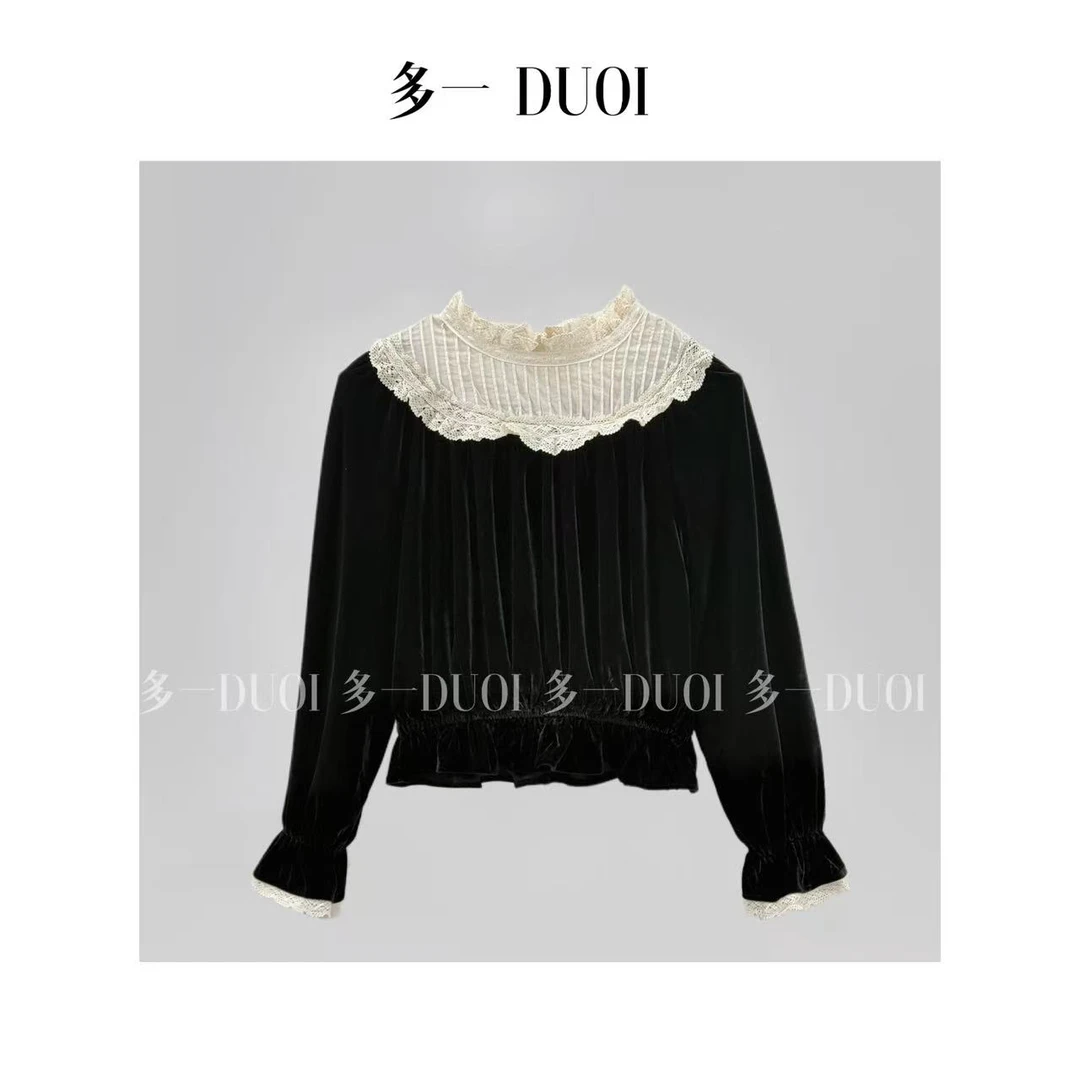 多一“序曲”2025冬季新款法式丝绒花边蕾丝拼接下摆松紧长袖上衣