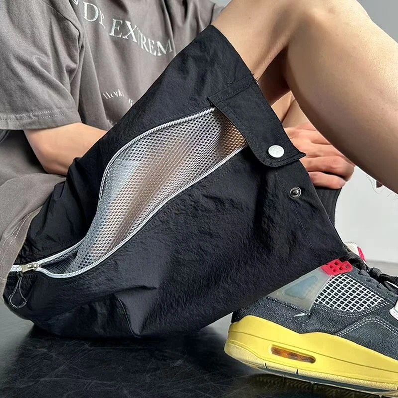 美式速干冲锋短裤男夏季薄款潮牌休闲工装裤宽松冰丝排扣五分裤子