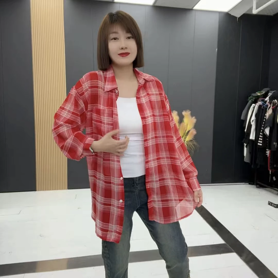 PY208韩版宽松中长款长袖简约通勤格纹薄款衬衫夏季