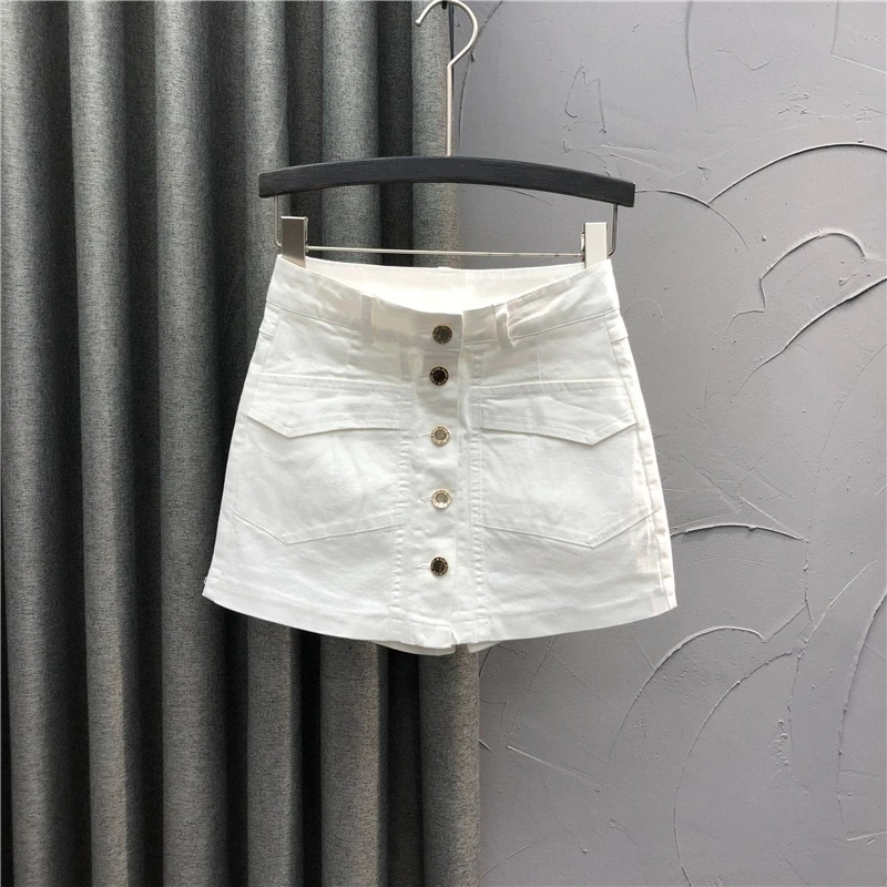高腰单排扣牛仔短裙裤女2025夏季新款包臀裙裤辣妹弹力显瘦半身裙