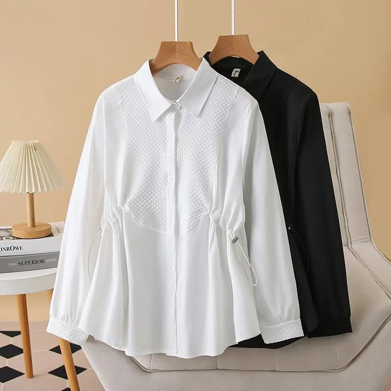 具显瘦松紧收腰拼接微胖mm宽松翻领春季大码女装衬衫长袖衬衣上衣