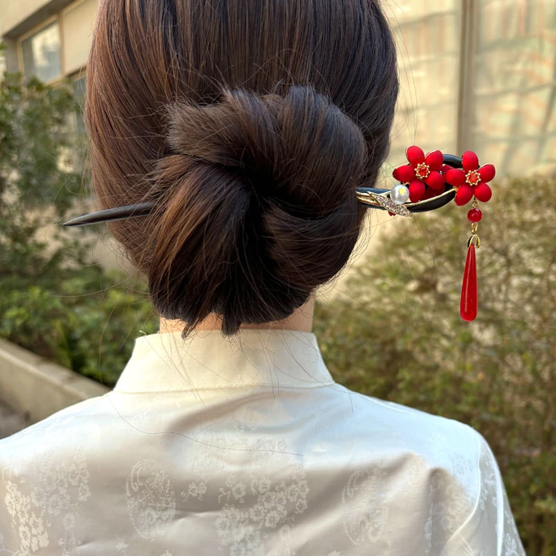 黑檀木发簪18cm【红梅】新中式盘发木簪红色国风古风汉服旗袍发饰