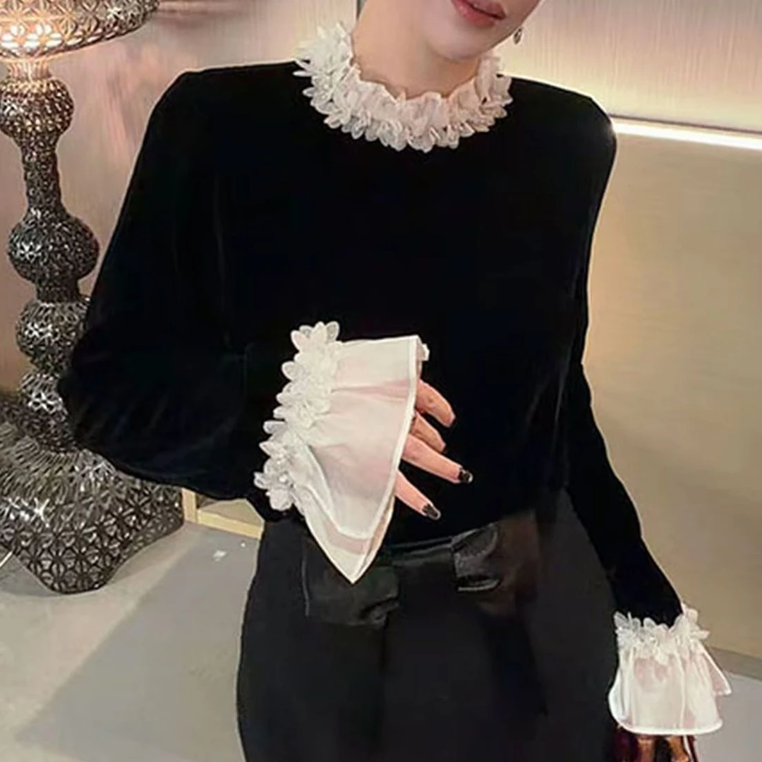 韩版减龄高级感打底衫2025秋冬时尚气质百搭洋气拼接蕾丝圆领T恤