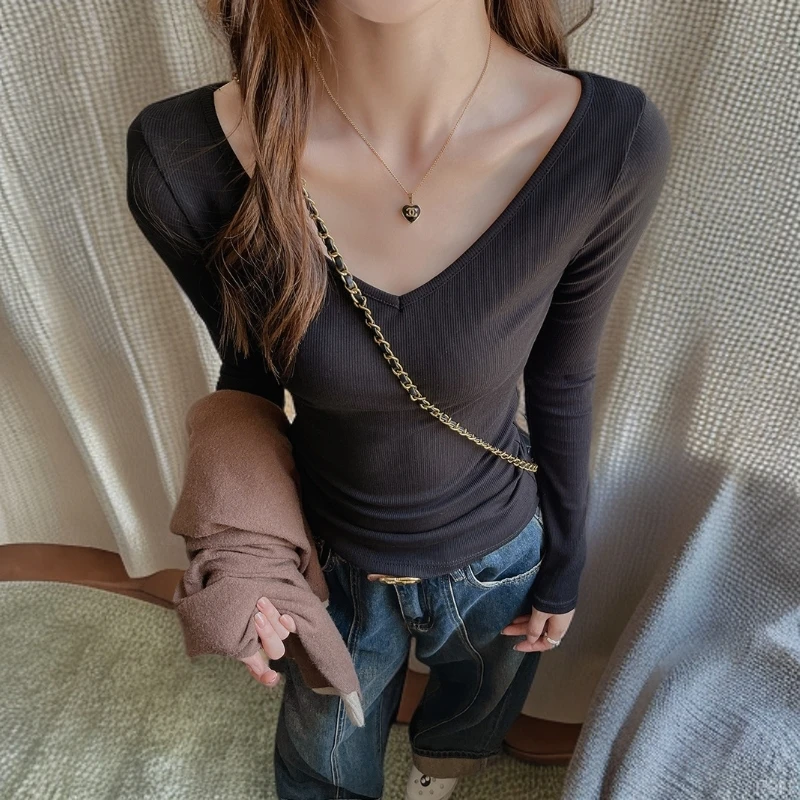 V修身大百搭打底衫女内搭正法式肩长袖螺纹秋冬上衣t恤领灰色天丝