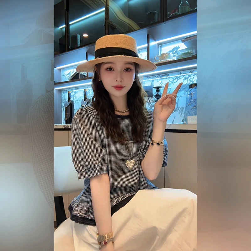 气质拼接格子设计衬衫2025夏季新款洋气好看时尚别致简约通勤上衣