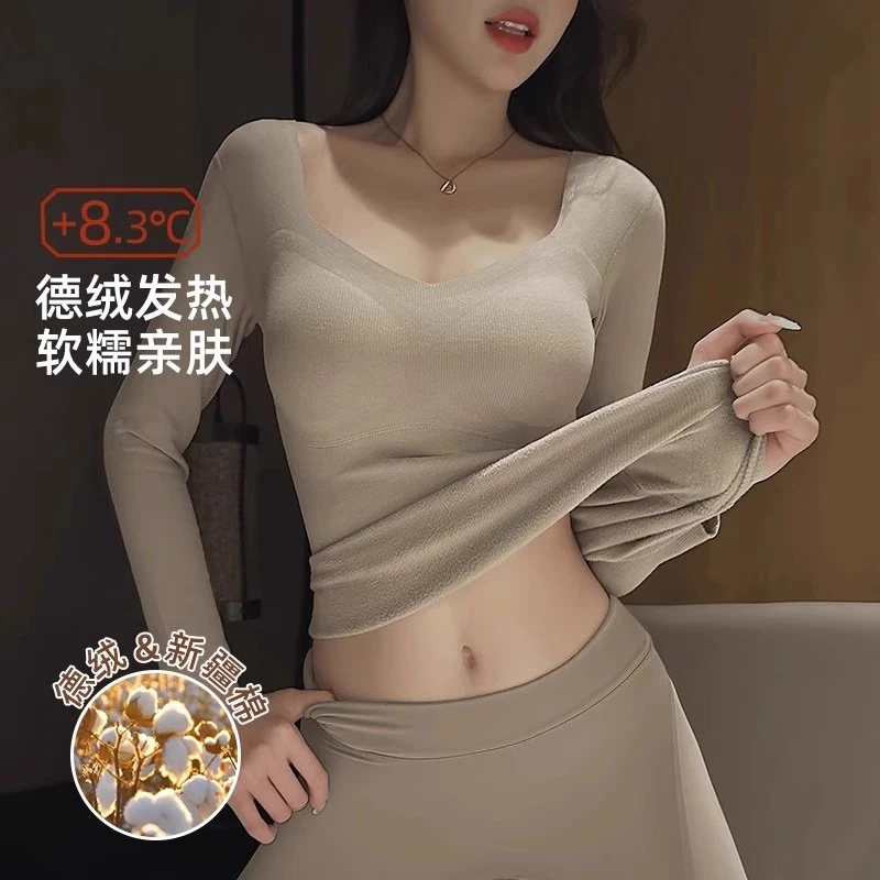 维多利亚女士棉质加绒保暖内衣套装发热长裤厚款休闲风青年秋衣裤