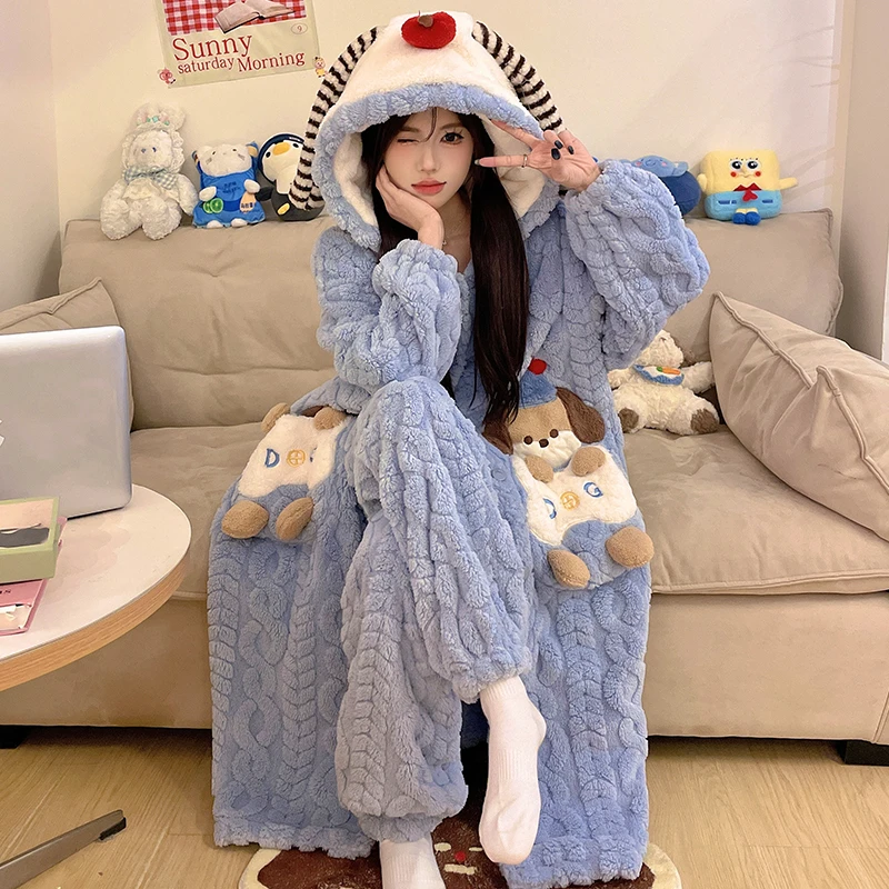 连帽松紧带冬季女睡衣家居服套装家居服秋冬季睡袍