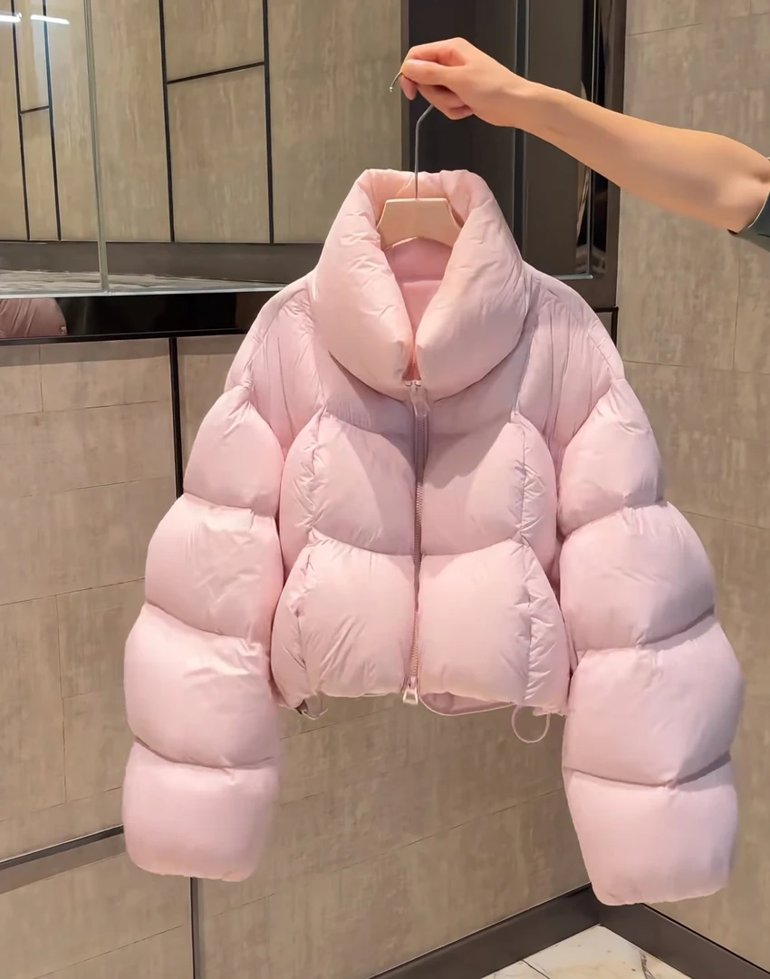 【粉色泡芙鹅绒服】大码宽松短款女2025冬新款韩版面包服外套