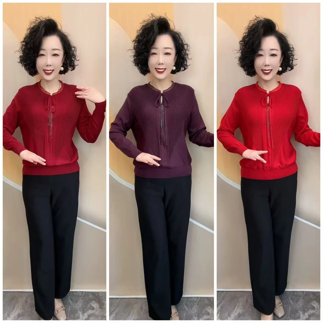 年货新款优雅妈妈设计感烫钻花边领针织宽松打底衫