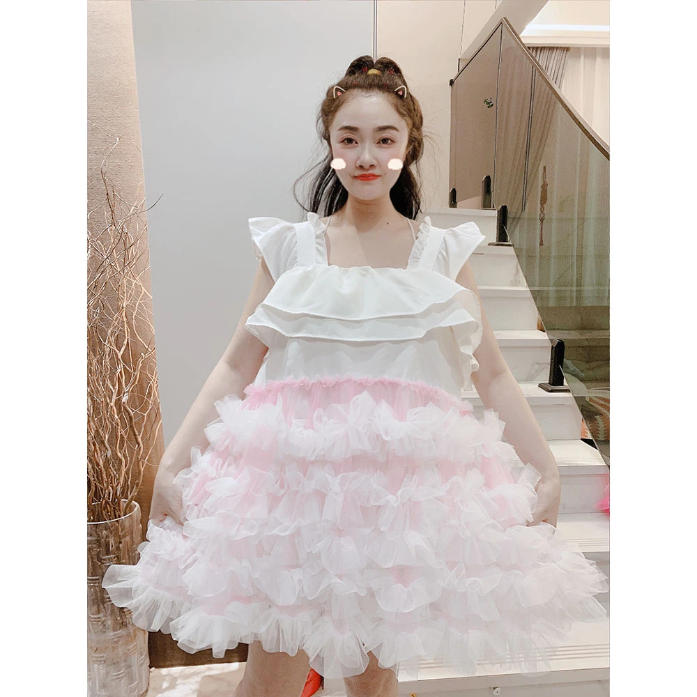 甜美吊带裙背心裙夏季纯色女拼接云朵网纱连衣裙女