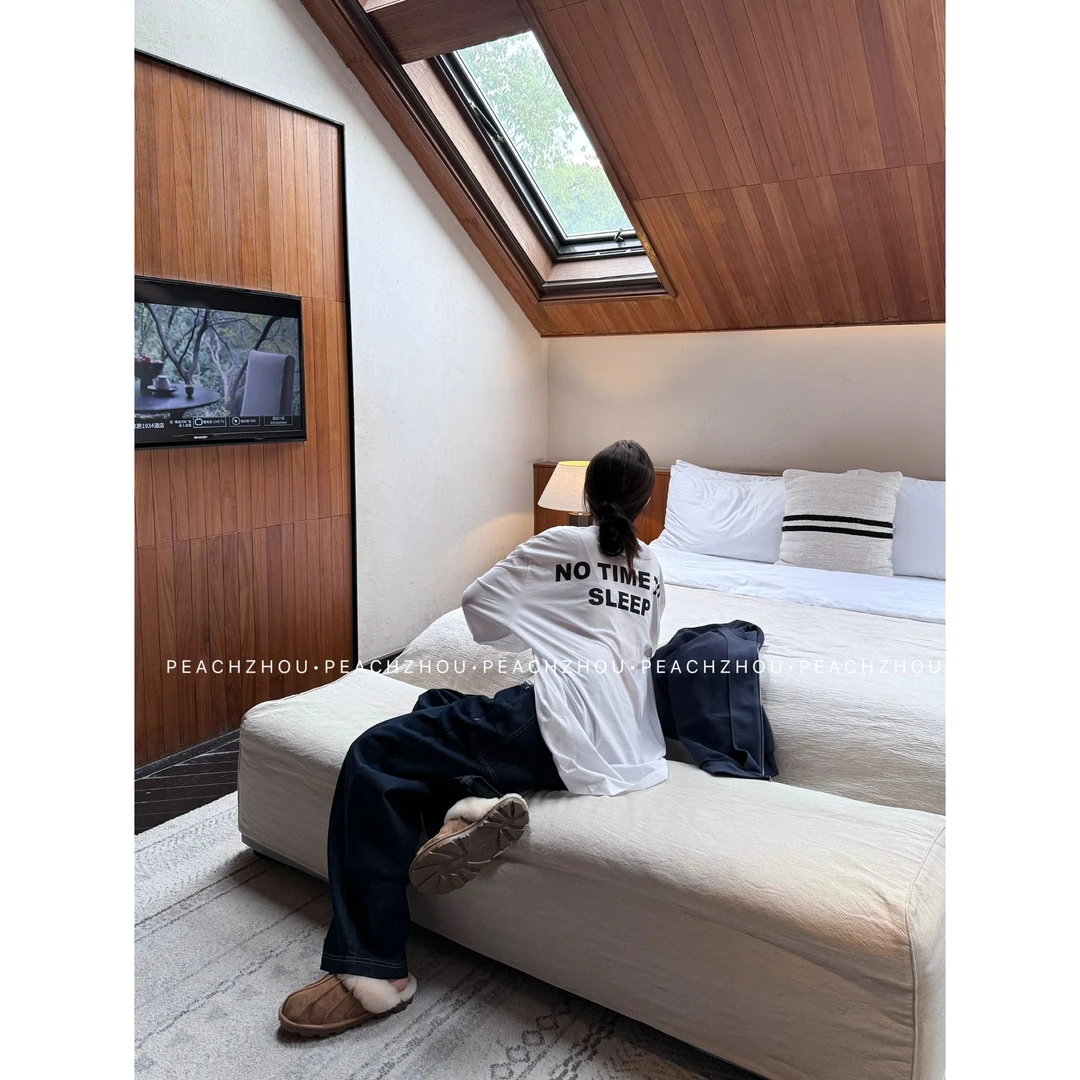 『PEACHZHOU』字母印花宽松圆领长袖美式简约休闲纯色中性阔版T恤