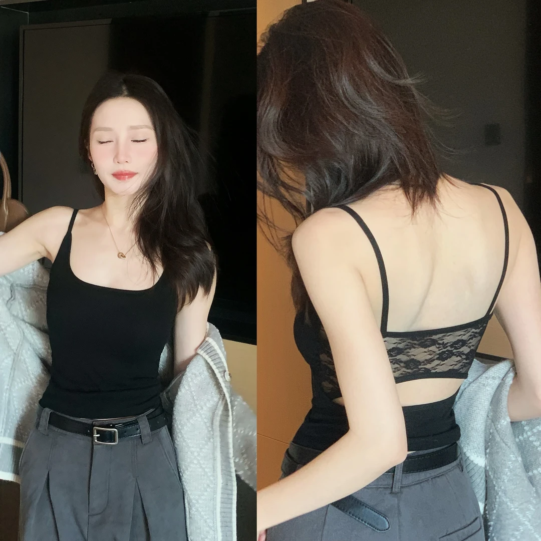 夏季纯欲小背心半固定杯内搭性感蕾丝吊带美背内衣女可外穿带胸垫