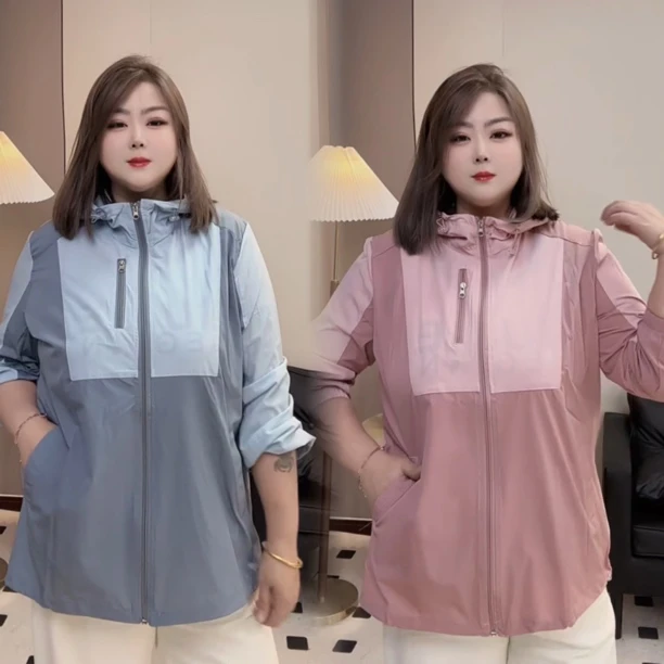 春夏季新款大码女装超薄风衣防晒衣皮肤衣外套撞色设计时尚外衣