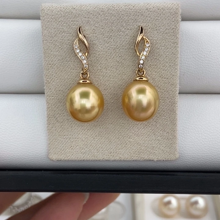 银S925镶嵌耳饰海水珍珠浓金珠9-10mm