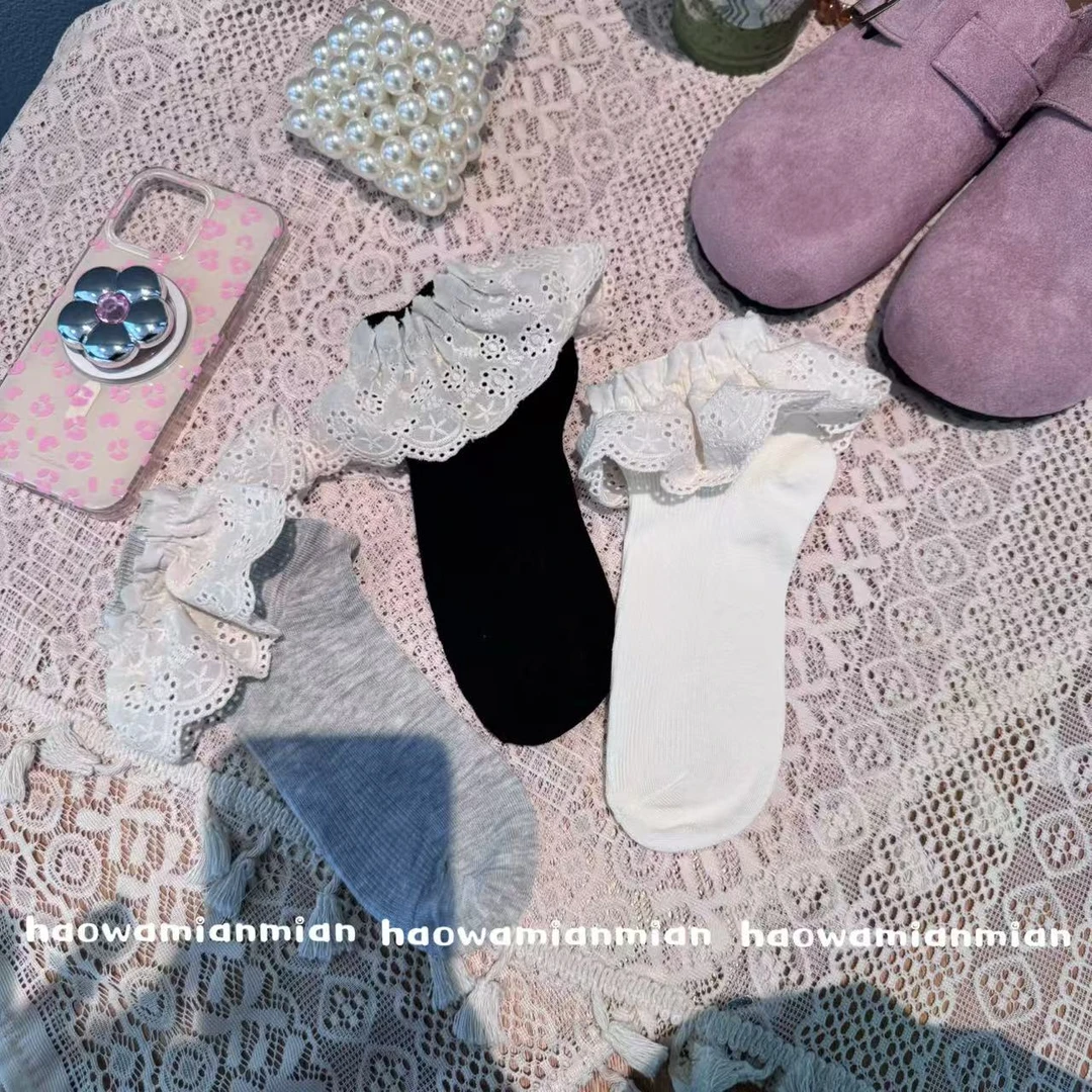 韩系蕾丝花边袜子女中筒袜纯色百搭韩风甜美女生洋气短筒袜