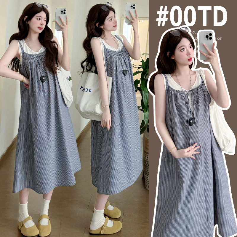 { 糕糕 }孕妇装2025夏季新款文艺风条纹吊带裙背心T恤两件套套装