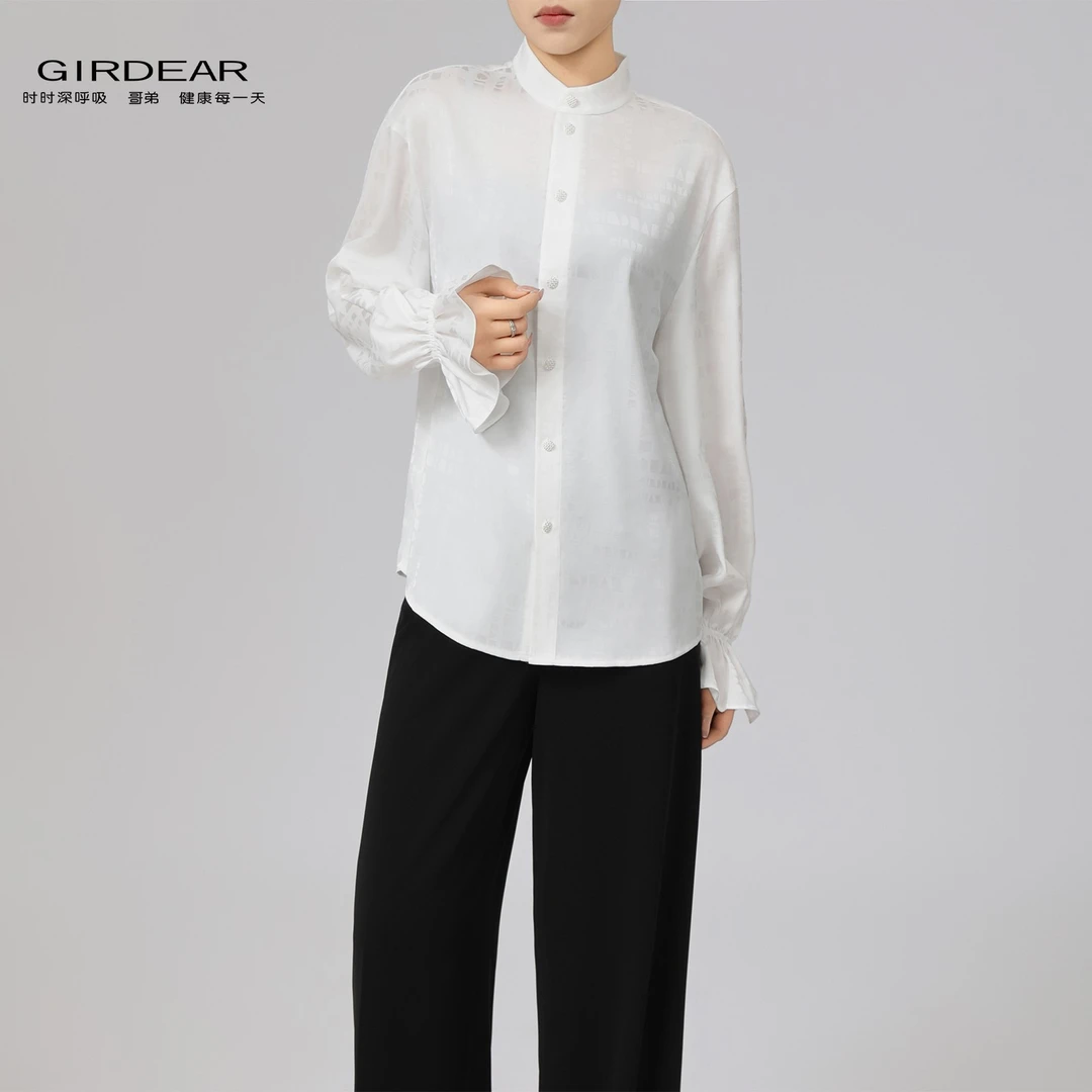 GIRDEAR/哥弟新款立领中式提花衬衣百搭字母荷叶袖衬衫130009