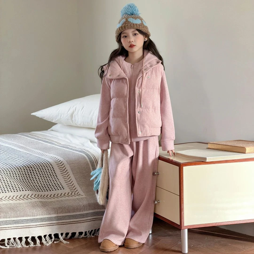 女童秋冬韩版棉马甲三件套女大童冬款加厚保暖休闲运动风上衣套装