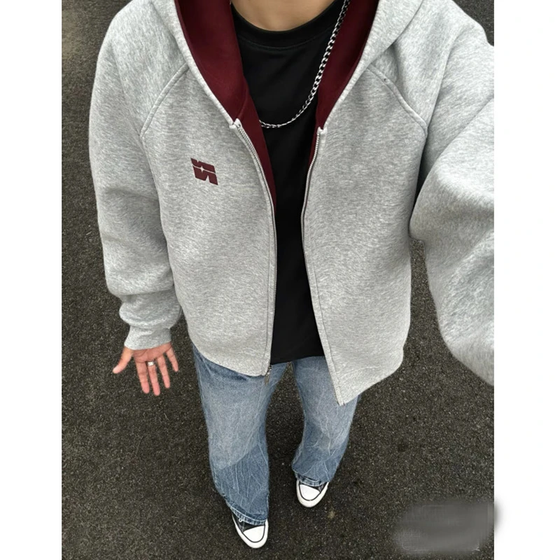 美式复古拼色连帽开衫卫衣男款cleanfit重磅潮牌外套百搭情侣上衣