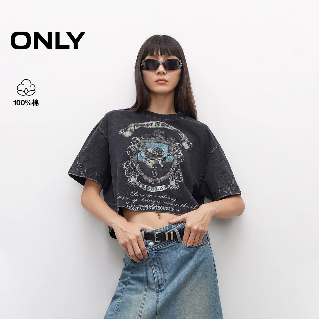ONLY2025夏季新款基础款印花圆领落肩宽松短款T恤女|125201042