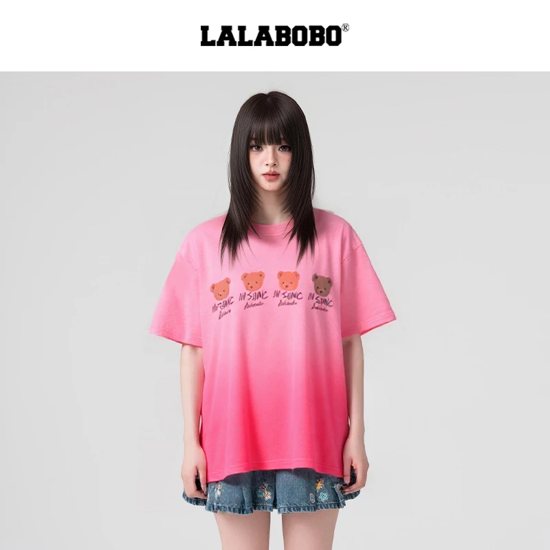 LALABOBO多巴胺粉短袖t恤女2025新款宽松纯棉上衣潮RBEB-DT16