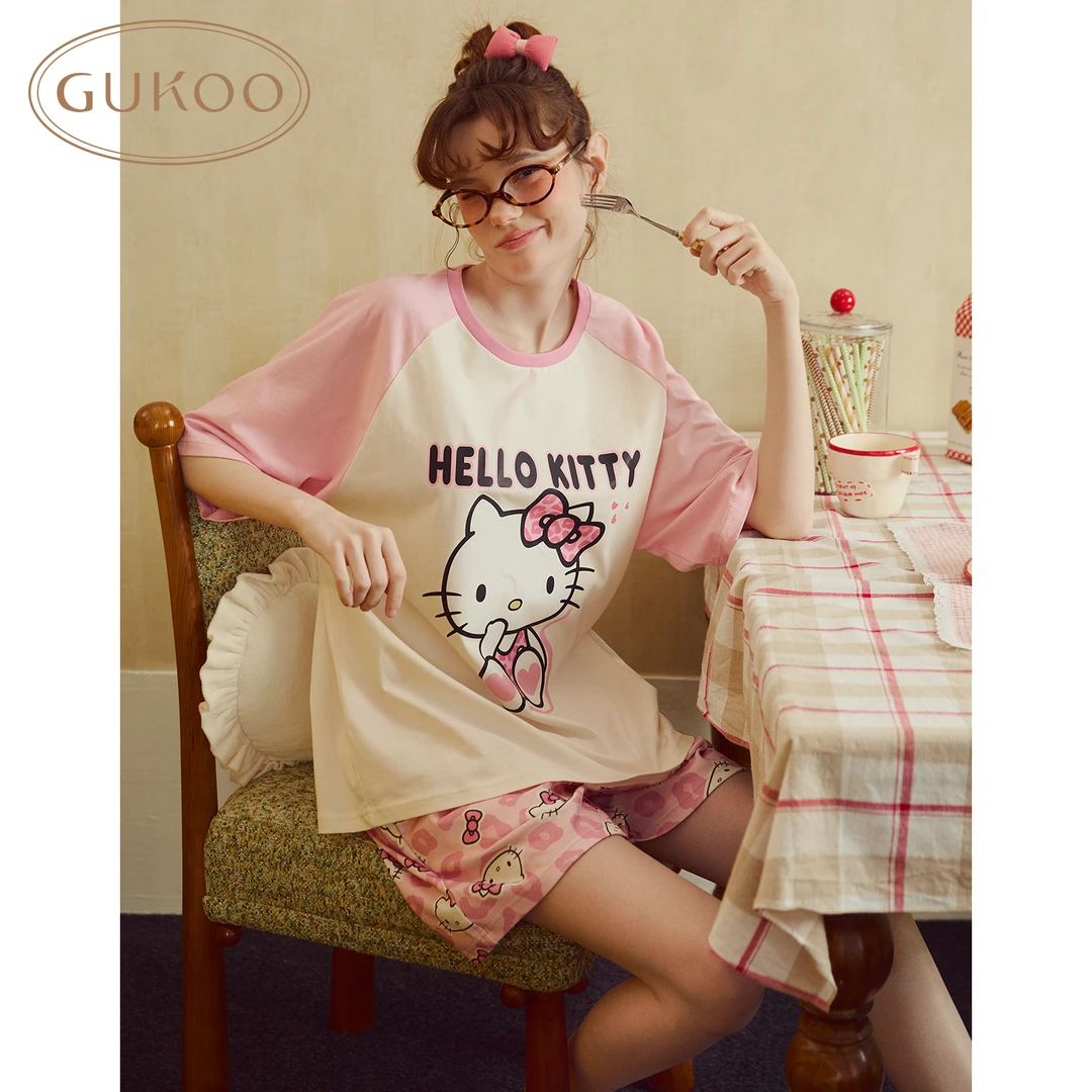 【Gukoo果壳】hellokitty联名新款短袖睡衣纯棉休闲豹纹家居服套装