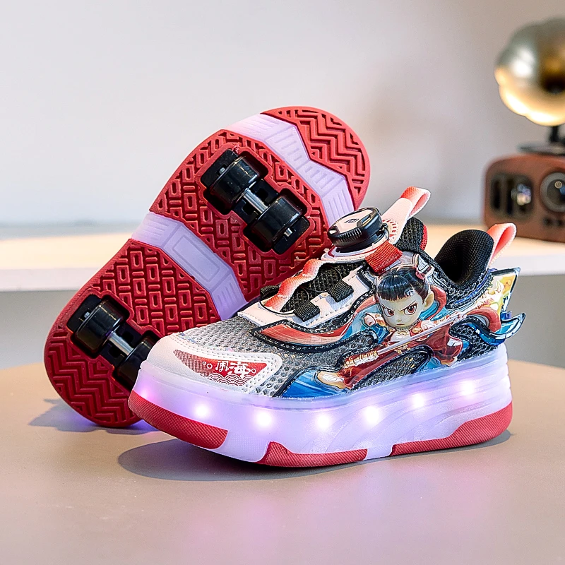 哪吒男童暴走鞋发光亮灯运动溜冰鞋夏季透气男孩滑轮鞋轮子轮滑鞋
