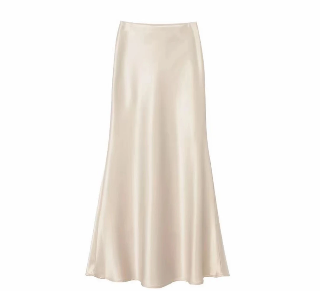 高腰醋酸缎面A字半裙斜裁橡筋腰显瘦百搭包臀半身裙