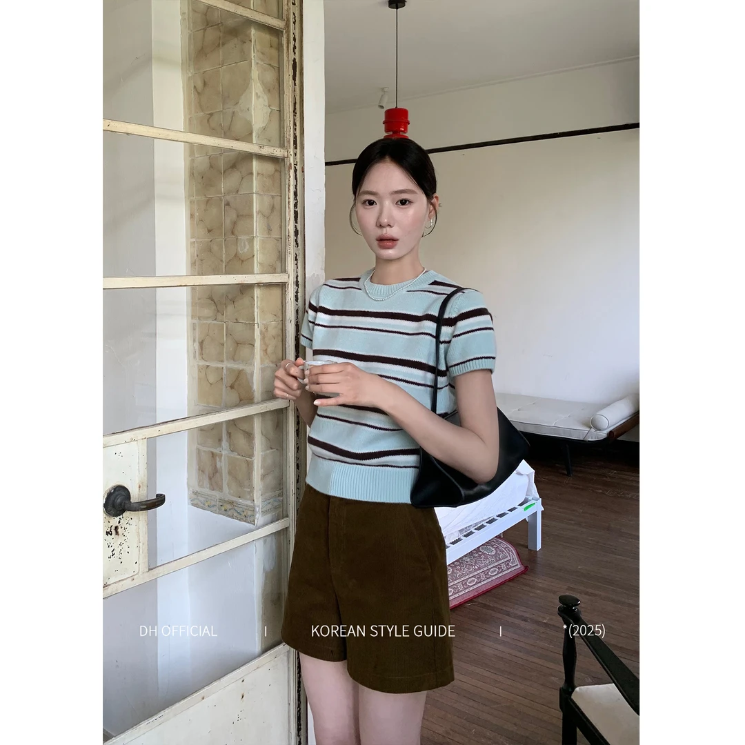 DH OFFICIAL 大花【薄荷奥利奥 mint】韩系简约条纹毛针织短袖女装