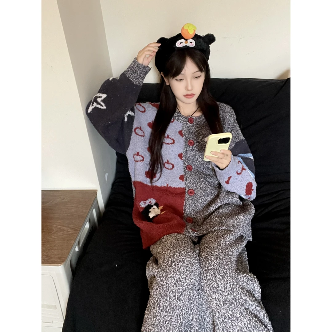 可爱卡通设计感半边绒睡衣女冬季新款加厚加绒针织保暖家居服套装