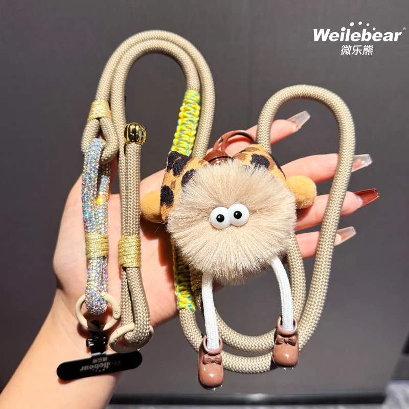 可爱小煤球手机挂绳斜挎可背可调节高级感棕色挂链挂件防盗背带绳