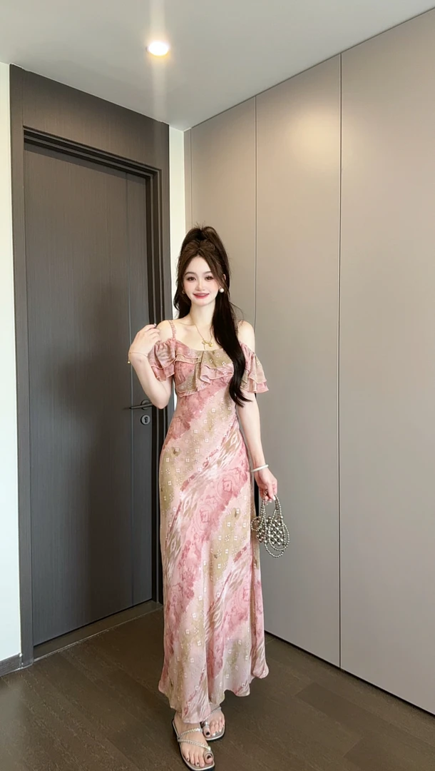 法式度假风夏季吊带裙荷叶边碎花温柔度假收腰粉色碎花长裙可两穿