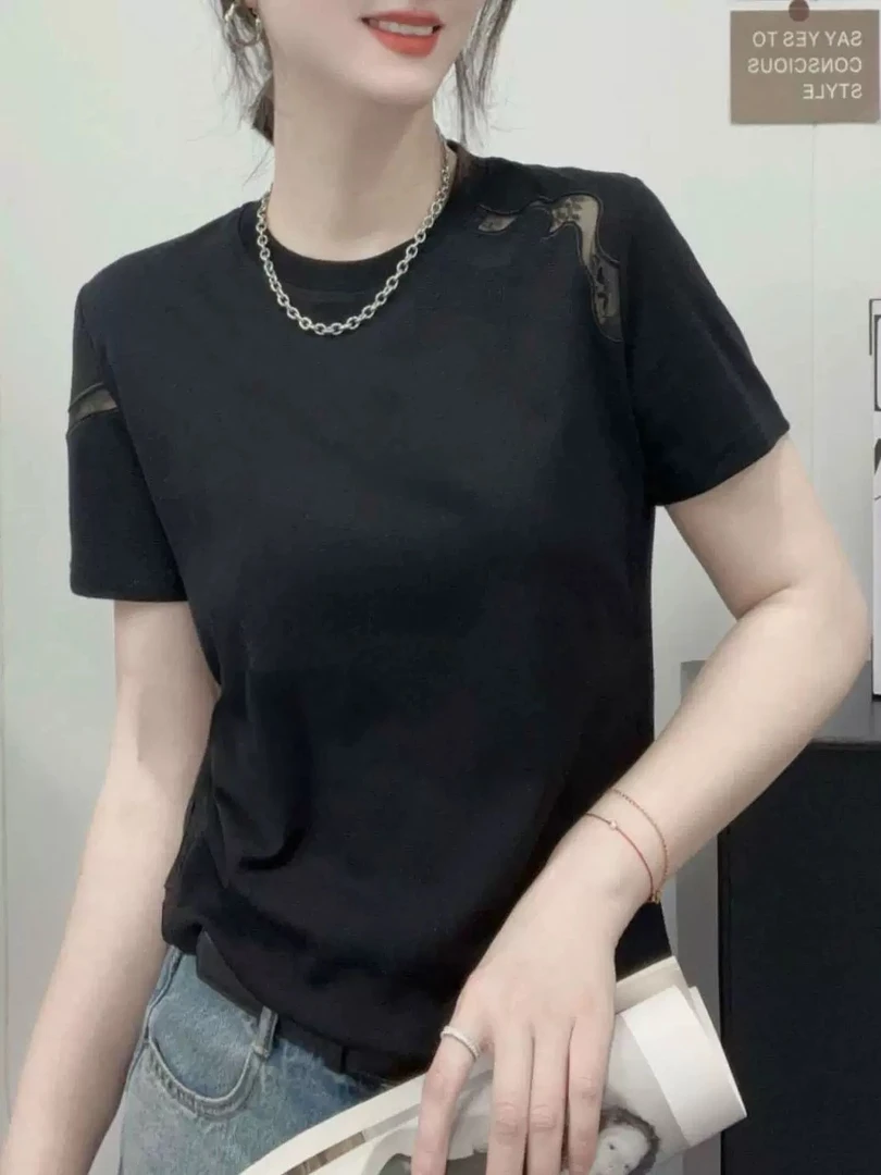 8928-春夏新款2025年欧货女装独特显瘦黑色蕾丝袖边圆领短袖T恤