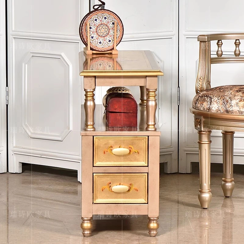美式金箔手绘角几实木客厅沙发边几桌夹缝小茶几边置物柜子储物柜