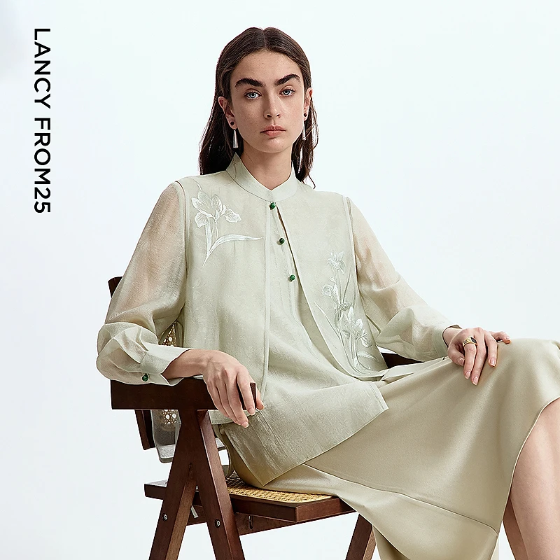 朗姿气质高级感新中式衬衣长袖立领设计感上衣2025年夏季新款衬衫