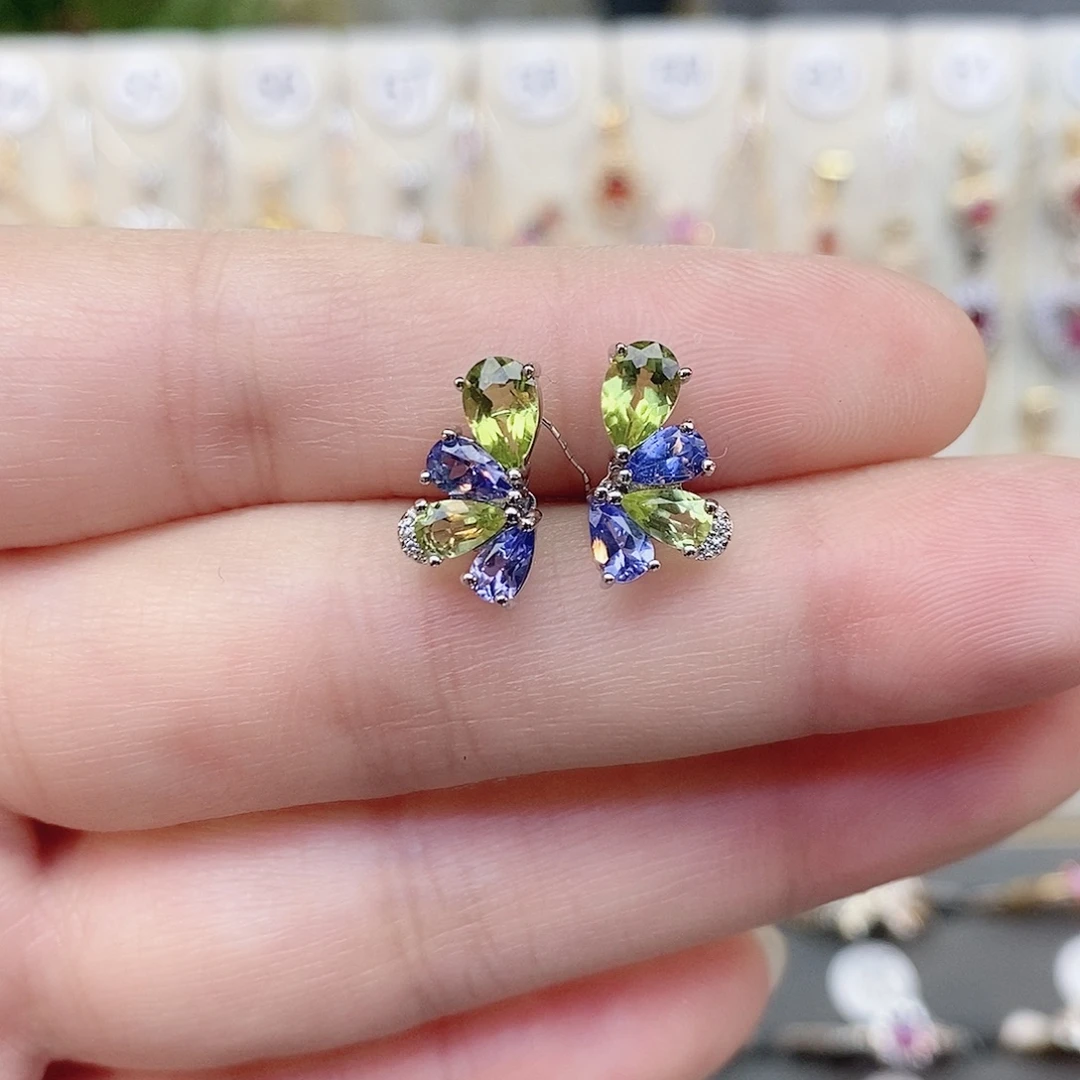 耳饰银S925镶嵌坦桑石橄榄