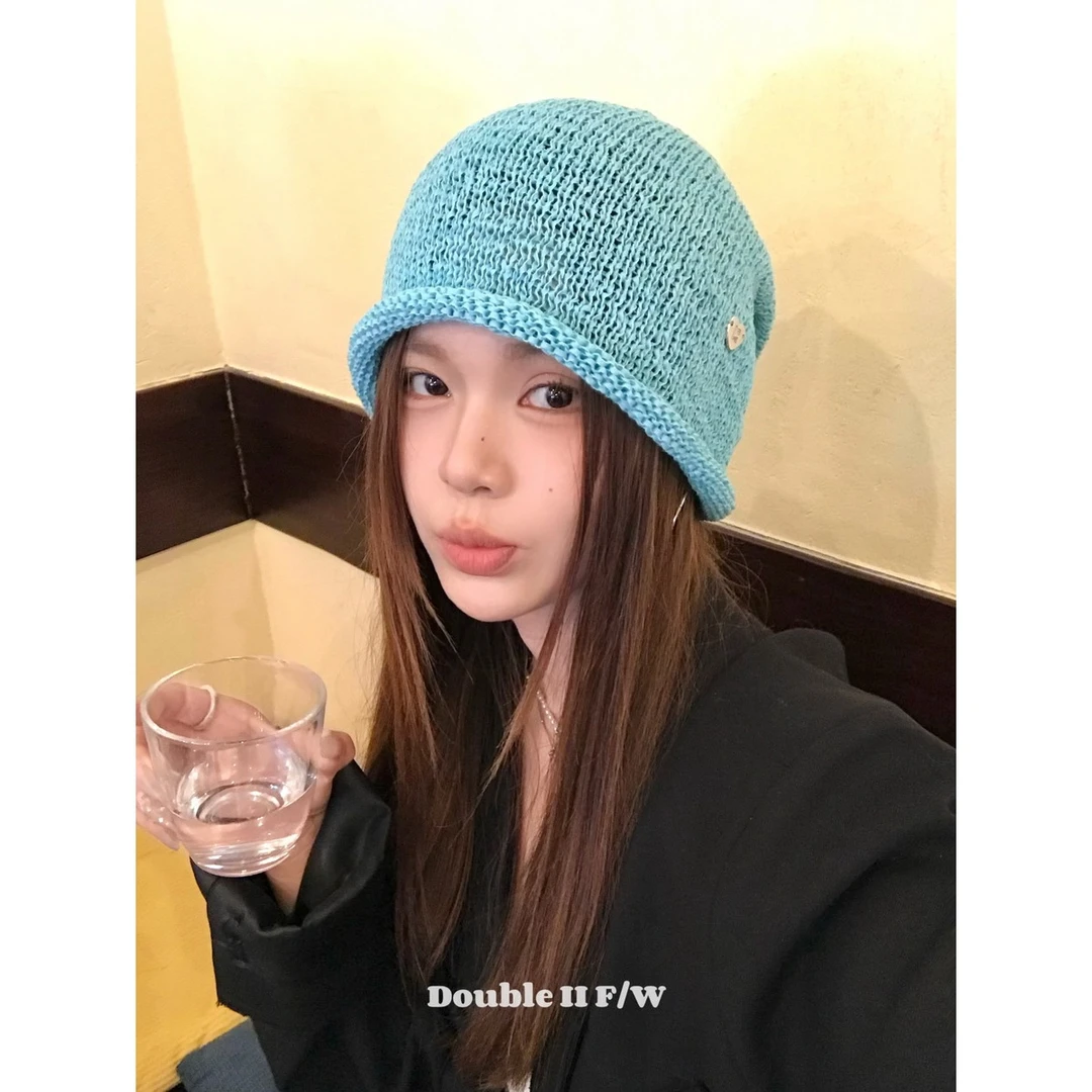 double i i 韩版小众复古毛线帽女镂空包头帽显脸小文艺堆堆帽