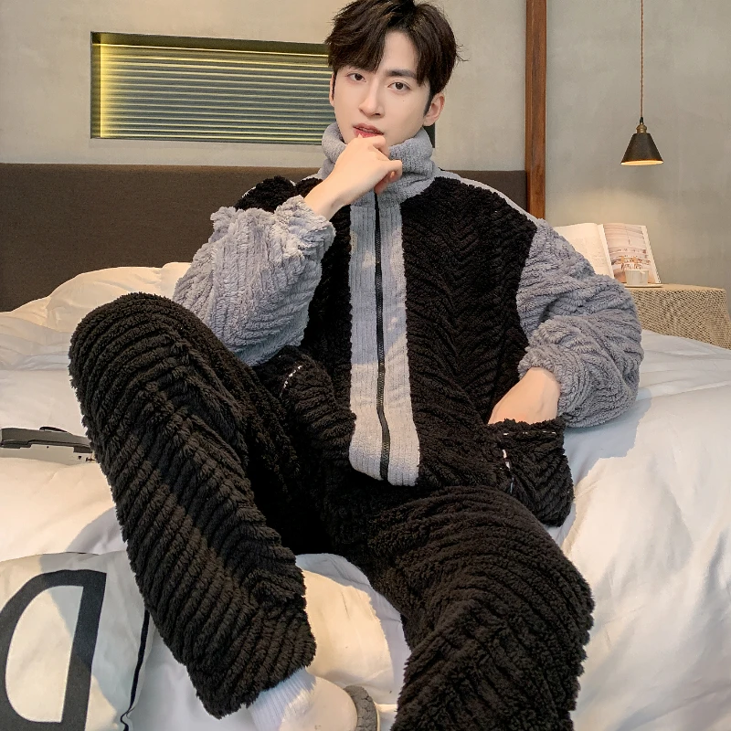 【3504】睡衣男款加绒加厚保暖拉链青少年可外穿家居服套装秋冬季