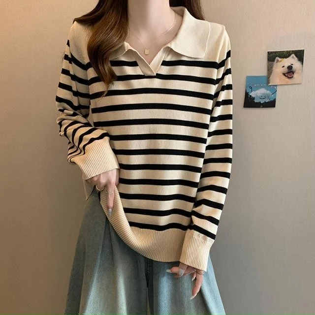洋气条纹领毛衣针织衫女2025年秋季宽松显瘦休闲上衣大码女装