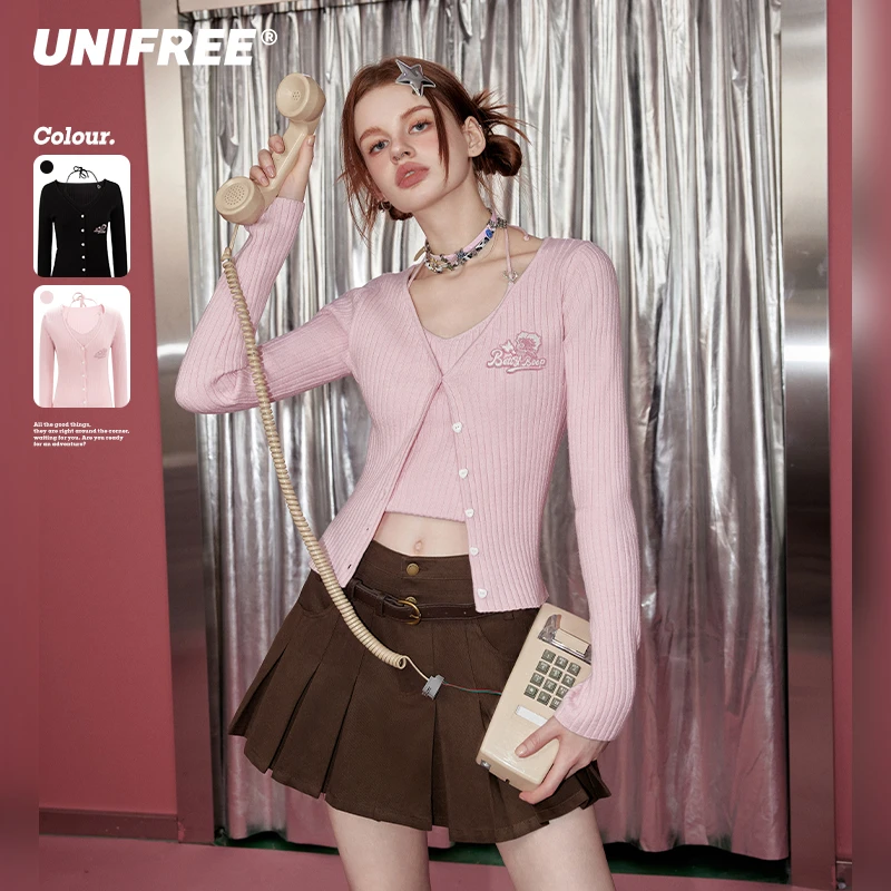 UNIFREE粉色修身针织衫小个子修身显瘦挂脖背心短款时尚两件套装
