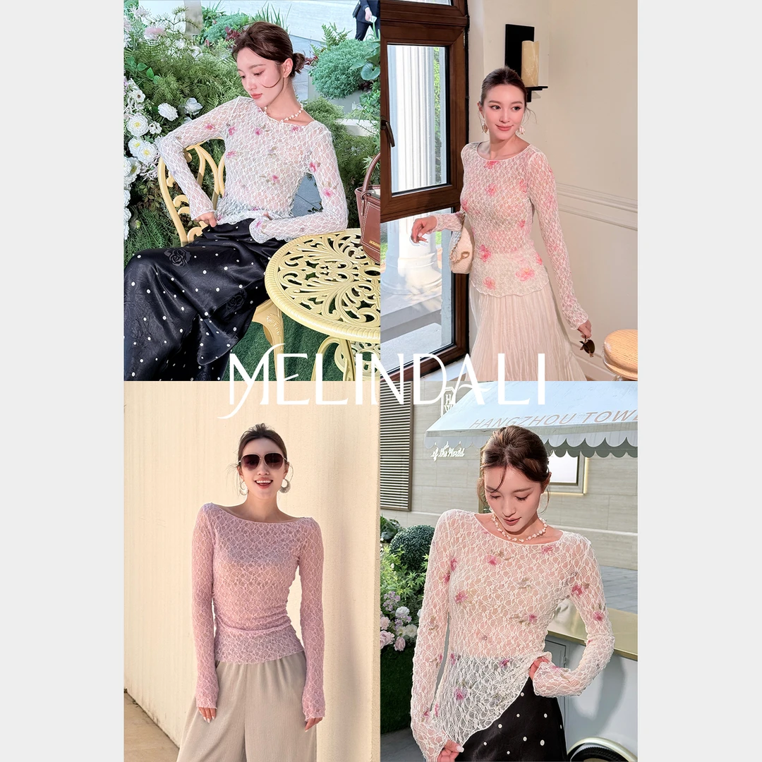 Melinda Li【柔雾蕾丝】法式优雅蕾丝镂空一字领腰部抽褶显瘦上衣