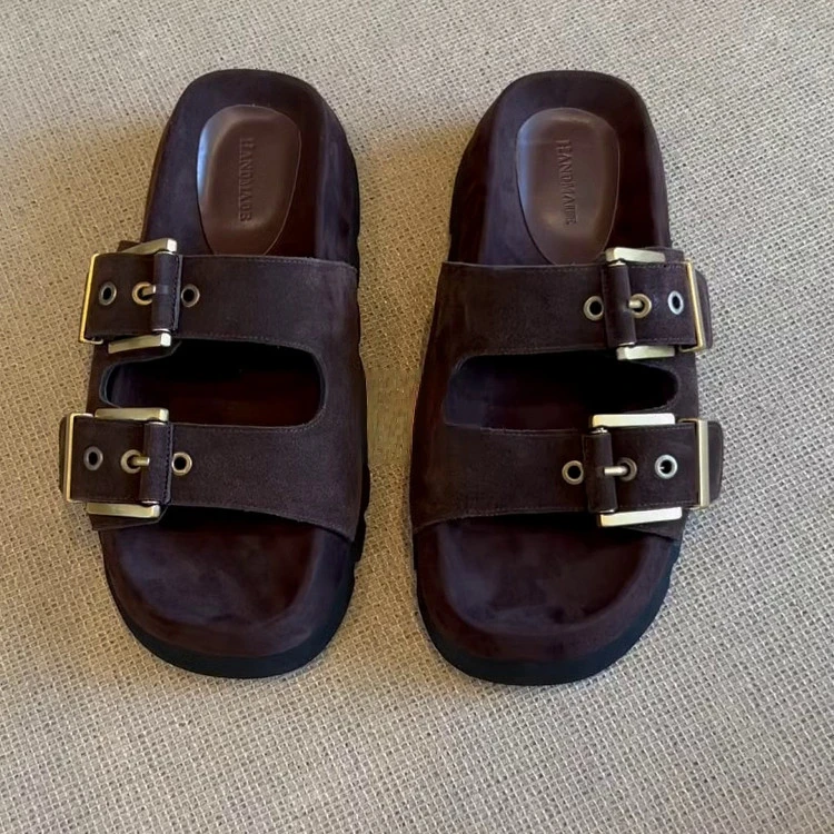 法式复古风镂空透气皮带扣平底一脚蹬懒人凉鞋女夏季外穿