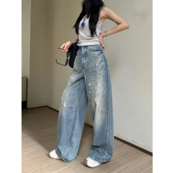 XiANJiE 2025美式复古油漆泼墨水洗做旧宽松牛仔裤