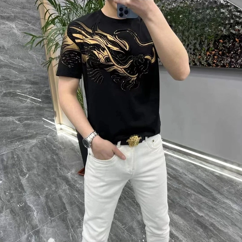 短袖T恤男夏季新款轻奢高端烫钻圆领半袖时尚休闲百搭帅气体恤潮