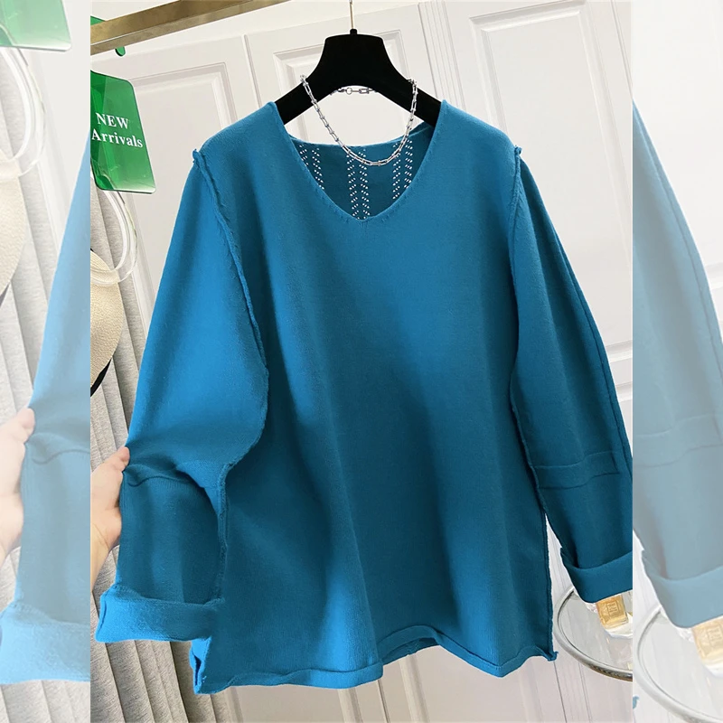 设计感法式复古卷边V领中长款毛衣女大码秋冬保暖松弛感上衣