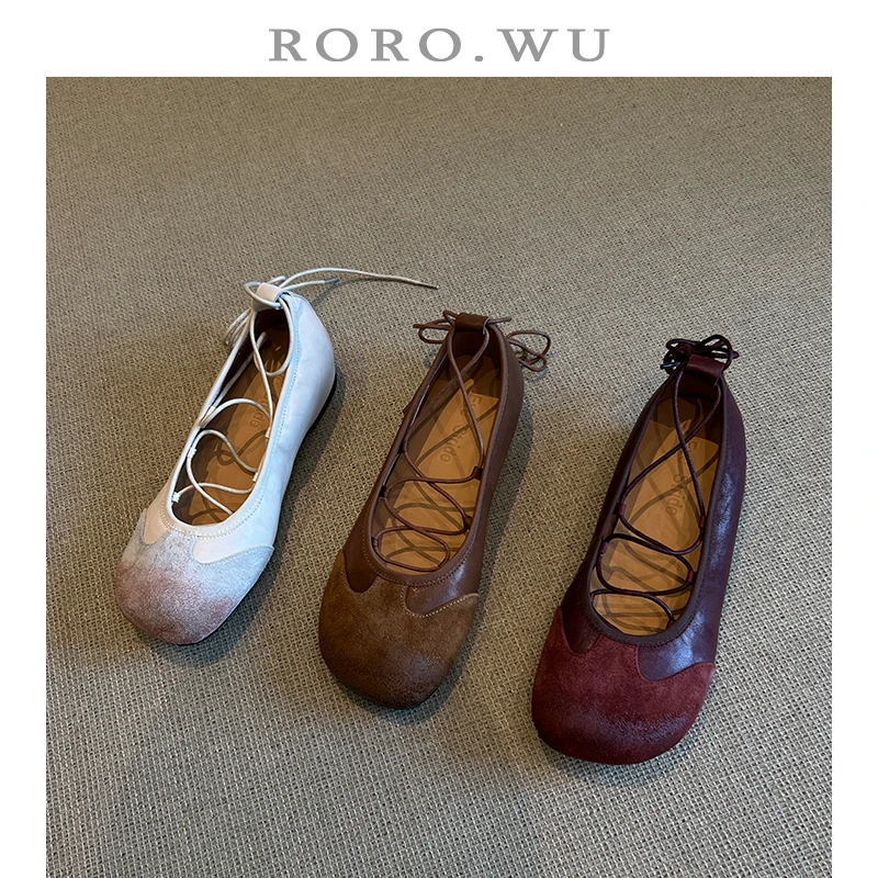 娆娆吴·头层牛皮时尚芭蕾舞鞋交叉系带乖乖头减龄百搭单鞋A112