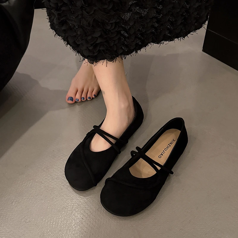 单鞋女平底春季新款勃肯浅口百搭配裙子一脚蹬绒面复古软底豆豆鞋