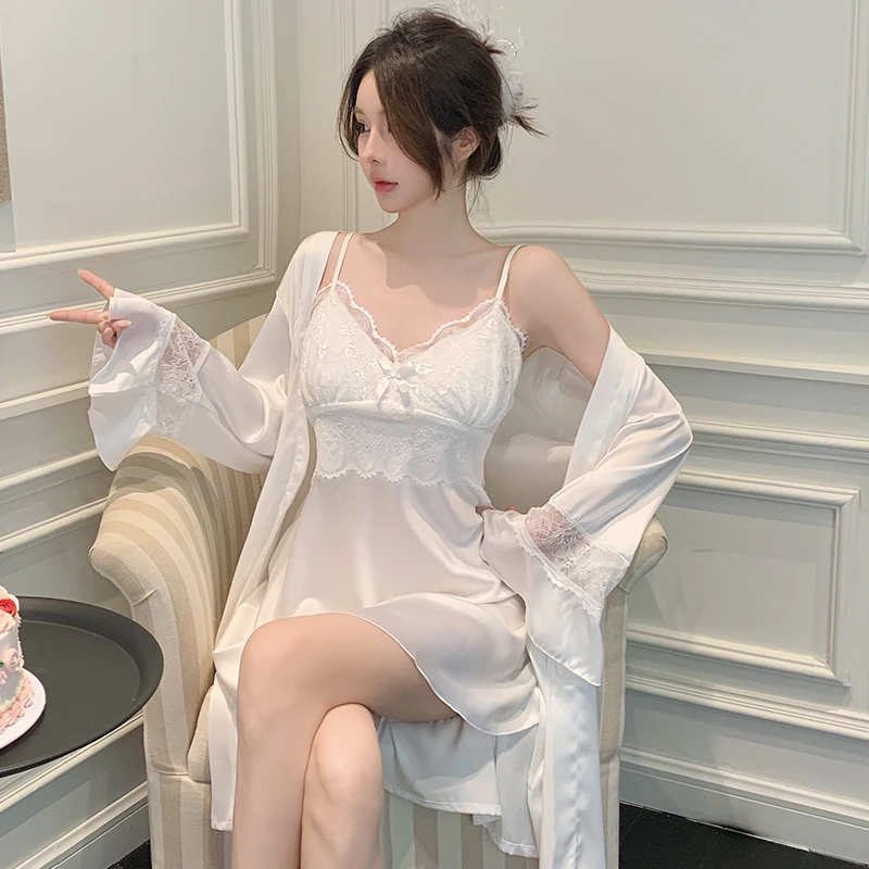 春季新款冰丝吊带睡裙女性感蕾丝高档带胸垫两件套装睡衣家居服